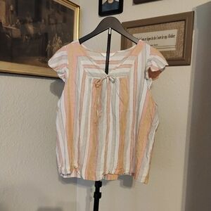 Lauren Conrad Women's Size XL Striped Linen Blend Tied Short Sleeve Blouse